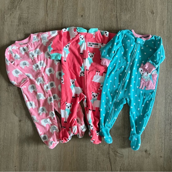 Carter's Other - Baby Girl Fleece Footed Sleepers Lot – Size 6M – 3 Pack Elephants Llama Fox